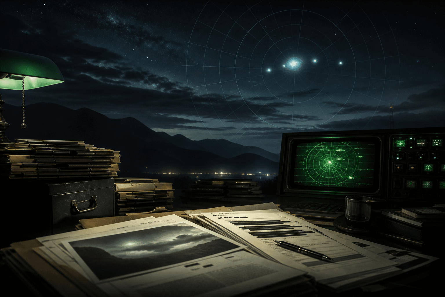 Editorial illustration of a classified UAP investigation desk with radar display, redacted documents, and unexplained aerial lights tracked through a window at night.